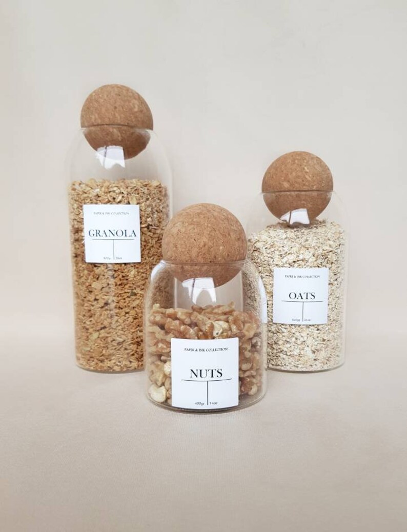 Set of 3 Glass Jars With Cork Ball Lid Personalised Pantry Etsy