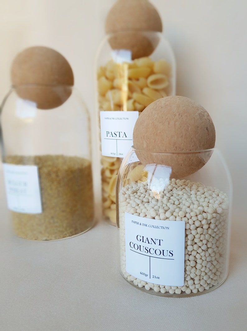 Set of 3 Glass Jars With Cork Ball Lid Personalised Pantry Etsy