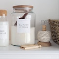 Acacia Lid Glass Pantry Jar | White personalised Label | Kitchen Storage | Laundry Utility | Baking Pasta |