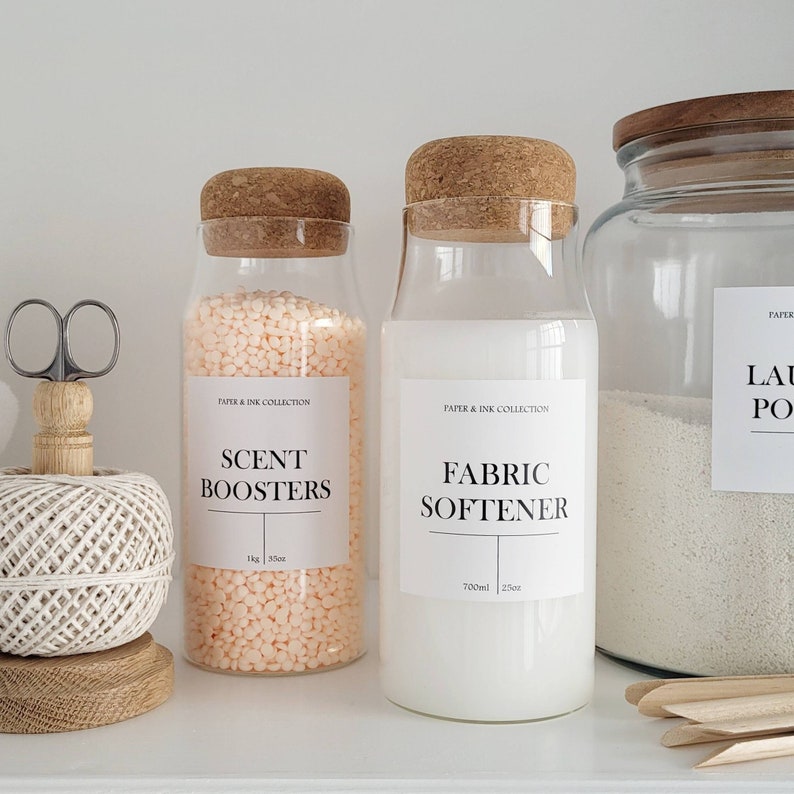 Laundry Utility Bottle with Cork Stopper | Home Storage Organisation | Fabric Softener Scent Boosters Washing Liquid | White Label