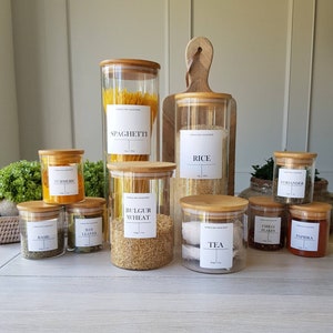 Pote de vidro de bambu personalizado e ecológico | Etiqueta à prova d&#39;água | Alimentos para despensa de cozinha | Especiarias e ervas