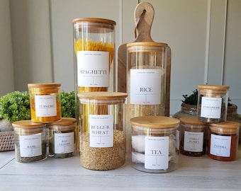 Eco friendly Personalised Bamboo Storage Glass Jar Waterproof Label  Kitchen Pantry Food Spices Herbs