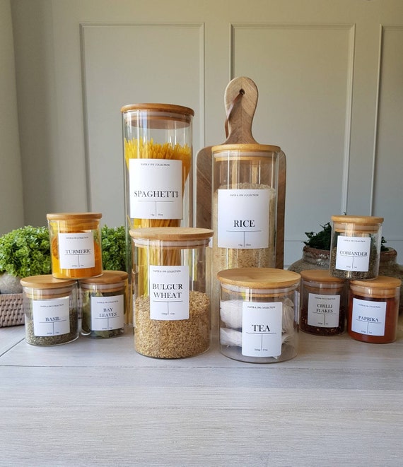 Eco Friendly Personalised Bamboo Storage Glass Jar Waterproof Label Kitchen  Pantry Food Spices Herbs 