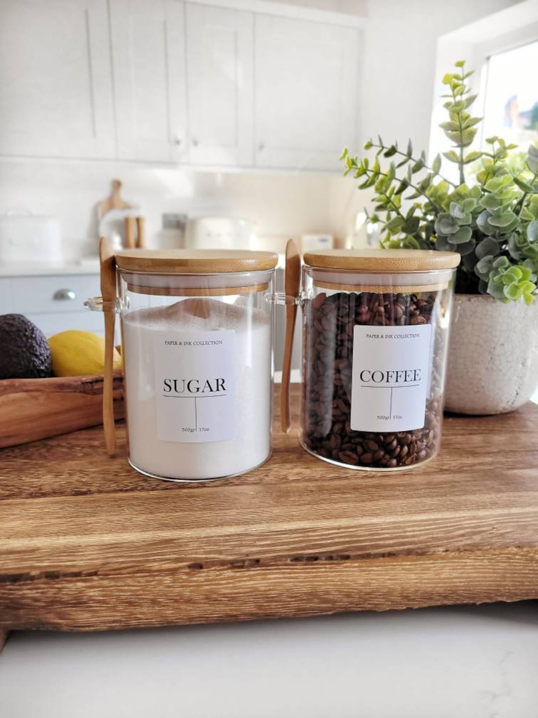 SQUARE GLASS JAR TRIO with BAMBOO LIDS and VINYL LABELS (with spoon an –  Our Happyhome Designs