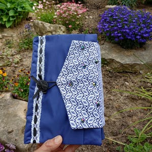 Blaue Bibliothekar Tasche, Stoff Bibel Einband, Taschenbuch Einband, Hülle mit Verschluss, Buchumschlag, Buchbörse, Stoffbuch Einband, Tagebuch Einband
