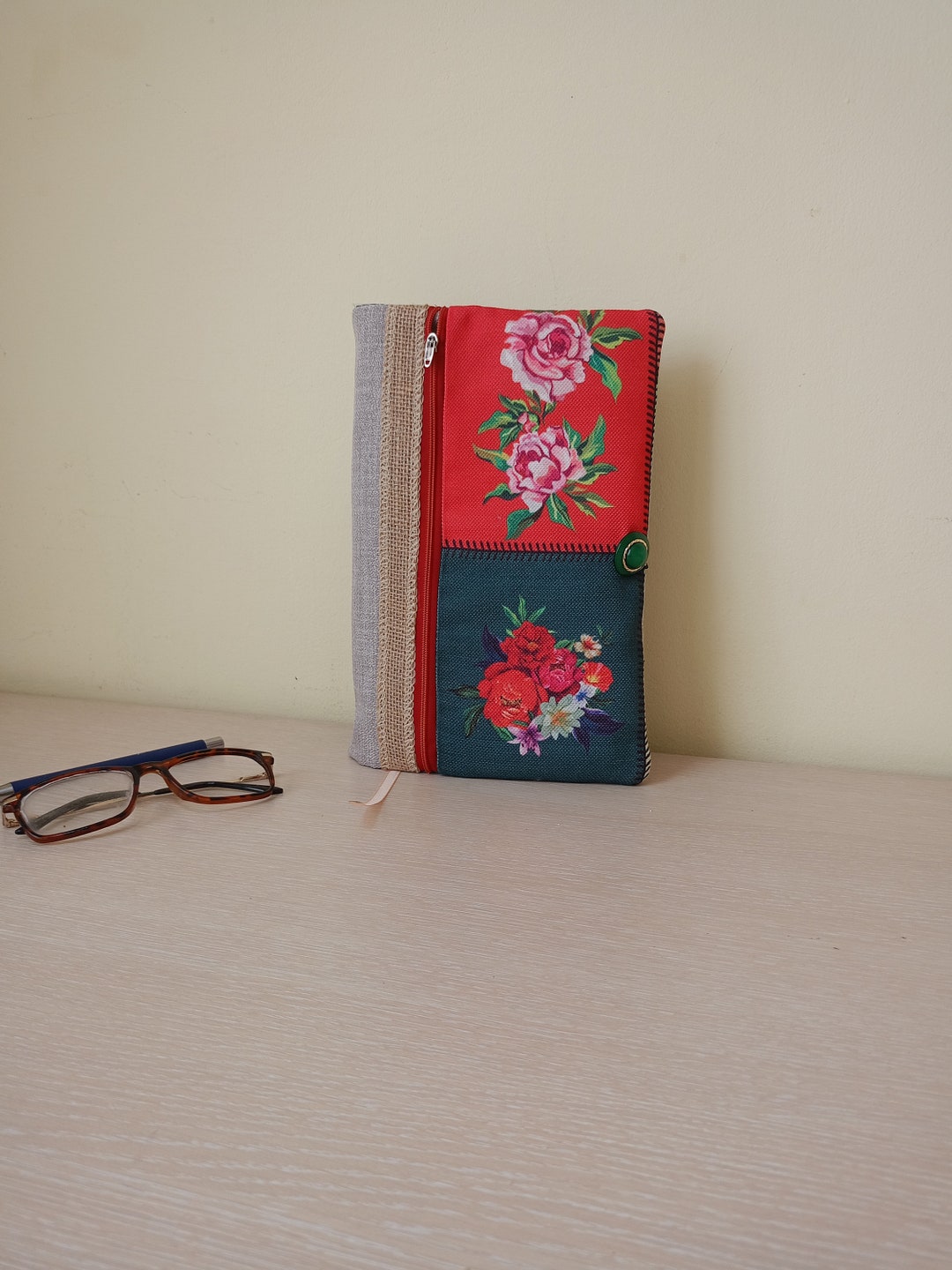 Cloth Book Cover With Zipper Pocket, Notebook or Journal Cover, Fabric Bible Cover, Paperback