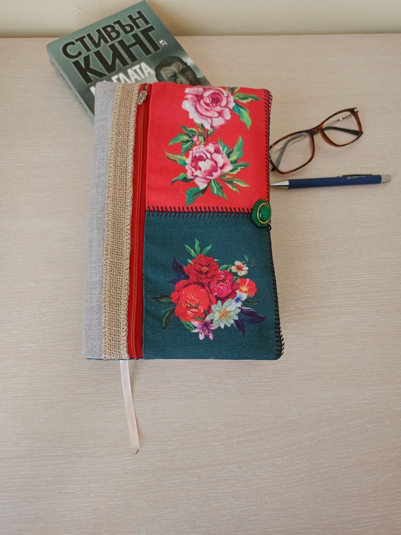 Cloth Book Cover With Zipper Pocket, Notebook or Journal Cover, Fabric