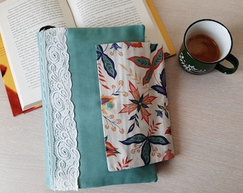 Cloth book or notebook cover with closure and zipper pouch, Book pouch, Book case, Back to school, Bible cover,  Gift for book lover