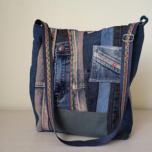 Large Denim Hobo Bag: Recycled Jeans Patchwork Shoulder Bag