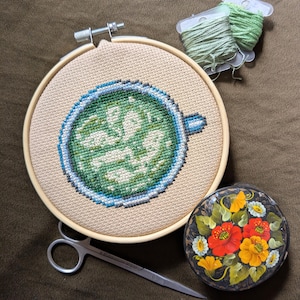 Latte Trio Cross Stitch Pattern: Matcha, Strawberry, Coffee (PDF)