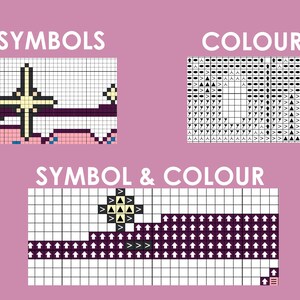 May include: A pixel art cross stitch pattern with a star, a horizontal line, and a pink landscape. The pattern is divided into three sections: symbols, color, and symbol & color.