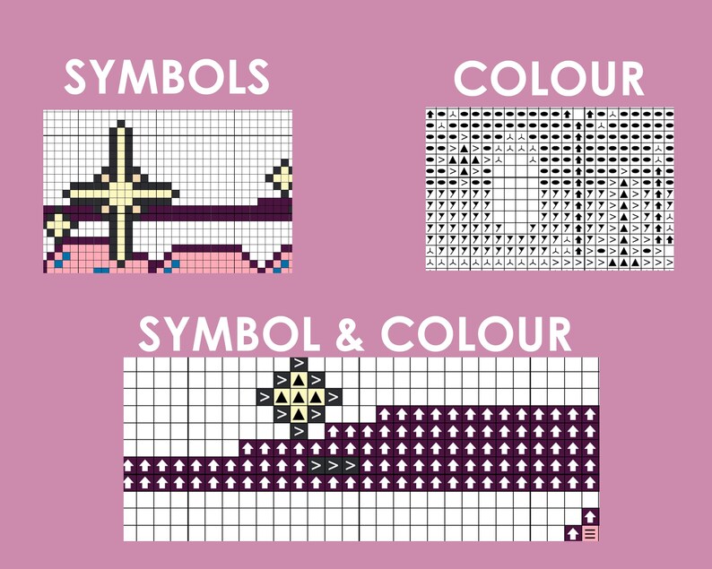 May include: A pixel art cross stitch pattern with a star, a horizontal line, and a pink landscape. The pattern is divided into three sections: symbols, color, and symbol & color.