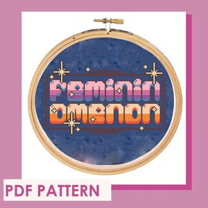 May include: Cross stitch pattern featuring the phrase "Feminist AF" in a retro pixelated font with a rainbow color scheme. The pattern is set against a dark blue background with white stars.