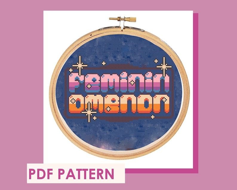 May include: Cross stitch pattern featuring the phrase "Feminist AF" in a retro pixelated font with a rainbow color scheme. The pattern is set against a dark blue background with white stars.