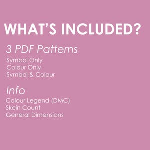 May include: A pink background with white text that says "WHAT'S INCLUDED?" and lists 3 PDF patterns: Symbol Only, Colour Only, Symbol & Colour. It also lists "Info" and includes Colour Legend (DMC), Skein Count, and General Dimensions.