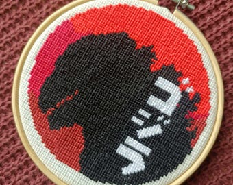 Godzilla Gradient Red Moon Cross Stitch Pattern PDF - XStitch - Gojira - Japan - Japanese