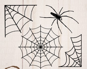 Può includere: Un set di quattro file di taglio SVG di ragnatela in bianco e nero. Il set include una ragnatela completa, una ragnatela d'angolo e due mezze ragnatele. Il testo "Caffeinated SVGS" e "SVG-DXF-EPS-PNG" sono anche inclusi nell'immagine.