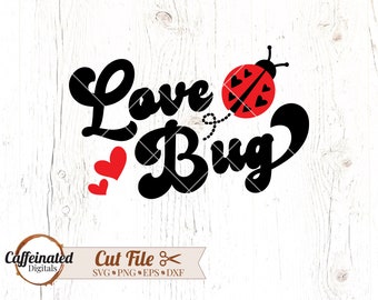 May include: Black and red graphic design with the text "Love Bug" and a ladybug with black spots and red wings.