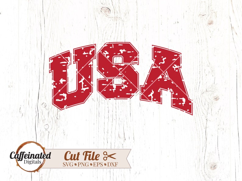 May include: Red distressed graphic of the word "USA" in a vintage style font. The graphic is on a white wood background.