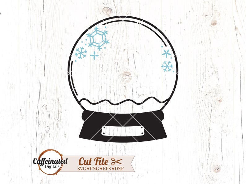 May include: Black and white snow globe cut file design with blue snowflakes. The snow globe has a black base with a diamond pattern and a blank label. The text "Caffeinated Digitals" and "Cut File" are also present.