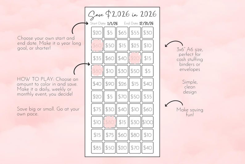 Pu&ograve; includere: Un tracker di risparmio rosa e bianco con la scritta "Risparmia $2.026 nel 2026". Il tracker ha caselle con importi da colorare e istruzioni per scegliere una data di inizio e fine. Misura 7,6 x 15,2 cm.
