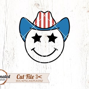 May include: A smiling cartoon face wearing a blue and red cowboy hat with stars for eyes. The hat is decorated with red and white stripes, resembling the American flag.