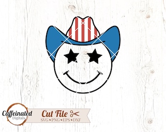 Cowboy Smiley svg, Cowboy Hat Smiley svg, cara sonriente patriótica svg, sombrero de vaquero patriótico, USA svg, 4 de julio svg, svgs baratos