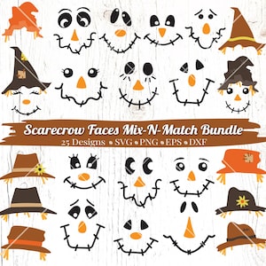 May include: A set of 25 digital designs featuring various scarecrow faces with different expressions. The designs are perfect for crafting projects, scrapbooking, and more. The designs are available in SVG, PNG, EPS, and DXF formats.