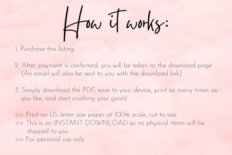 Pu&ograve; includere: Grafica rosa e bianca con il testo "How it works:" e istruzioni per l'acquisto, il download e la stampa di un PDF. &Egrave; un download immediato per uso personale.
