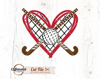 May include: A red heart shape with a black grid pattern and two brown hockey sticks crossing through it. A white hockey ball is in the center. The image has the text "Caffeinated Digitals" and "Cut File" with file type options.