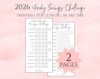 2026 Friday Savings Challenge, Friday Savings 2026, Savings Challenge Printable, Save 820 Dollars, Money Challenge, A6 3x6 savings tracker