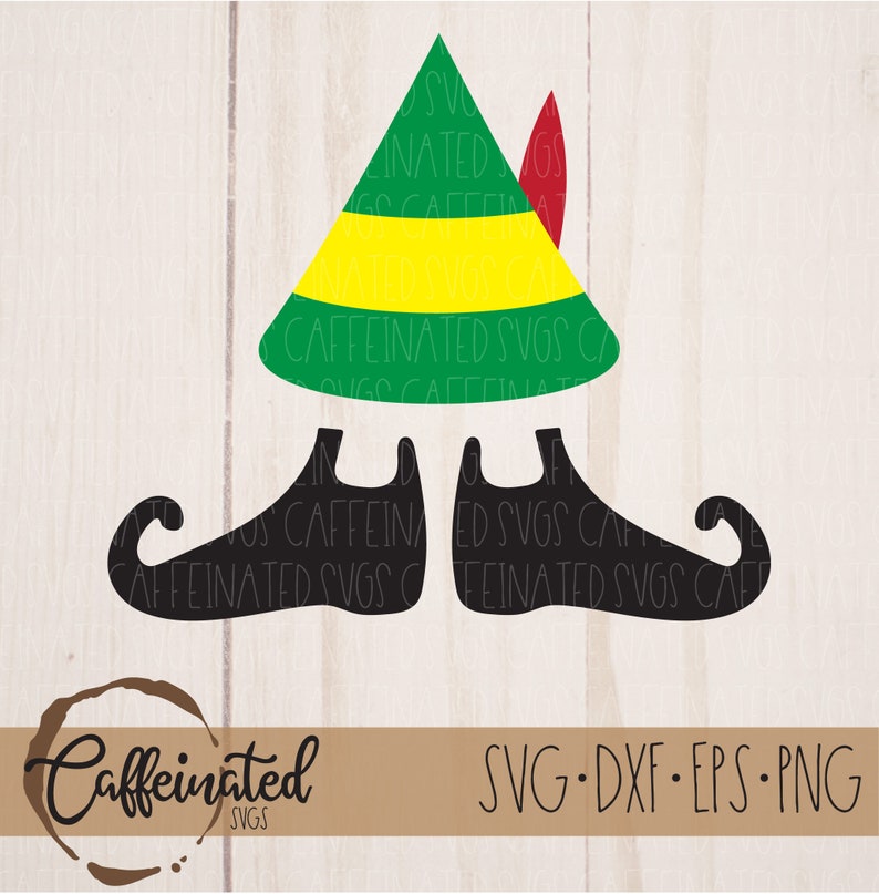 May include: A black and green elf silhouette with a pointed hat and a red feather. The elf is wearing black shoes with pointed toes. The text "Caffeinated SVGS" is at the bottom of the image.