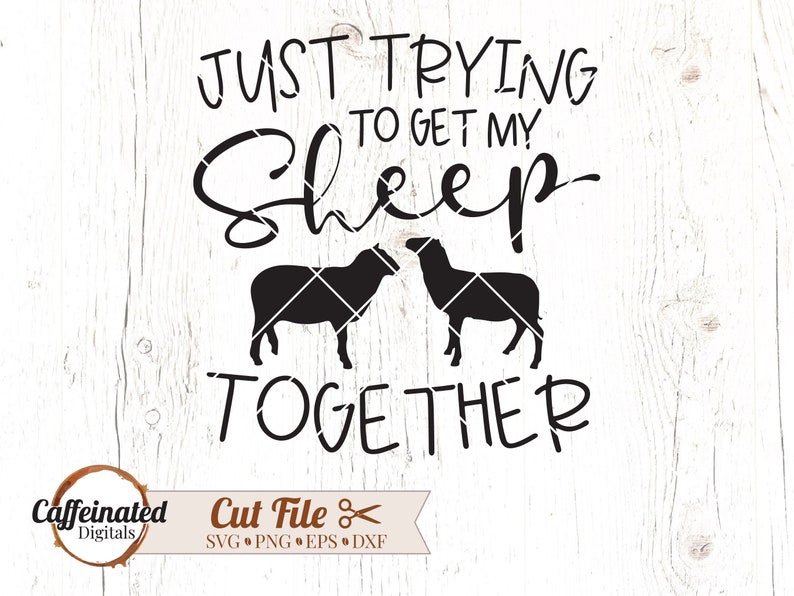 May include: Black and white graphic design with the text "Just trying to get my sheep together". The graphic features two sheep silhouettes.