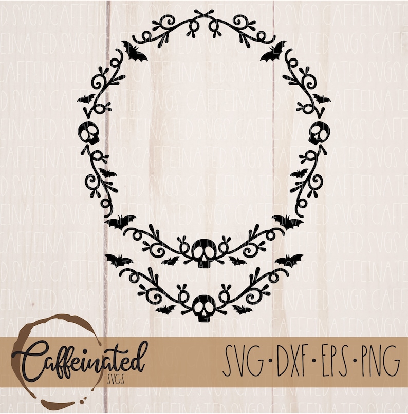 May include: Black and white Halloween wreath featuring skulls and bats. The wreath is made of vines and leaves. The text "Caffeinated SVGs" is at the bottom of the image.