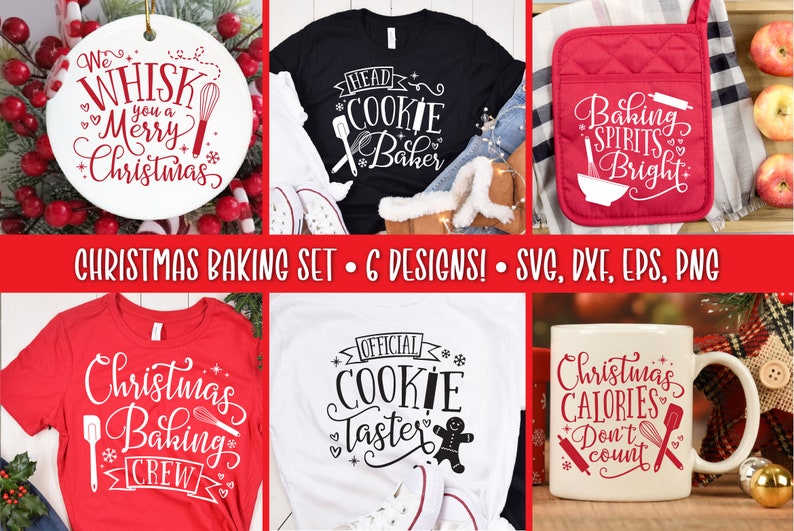 Pu&ograve; includere: Un set da forno natalizio con sei design, tra cui un ornamento bianco, magliette nere e rosse, un guanto da forno rosso e una tazza bianca. I design presentano frasi e grafici a tema cottura in bianco.