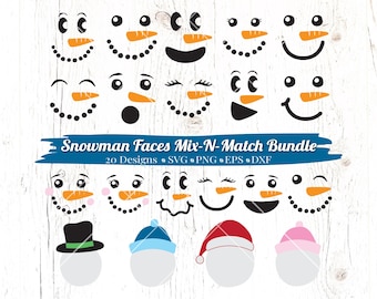 May include: A set of 20 snowman face designs for crafting. The faces are black, white, and orange and feature different expressions, including smiling, winking, and surprised. The text "Snowman Faces Mix-N-Match Bundle" and "20 Designs SVG.PNG.EPS.DXF" is included in the image.