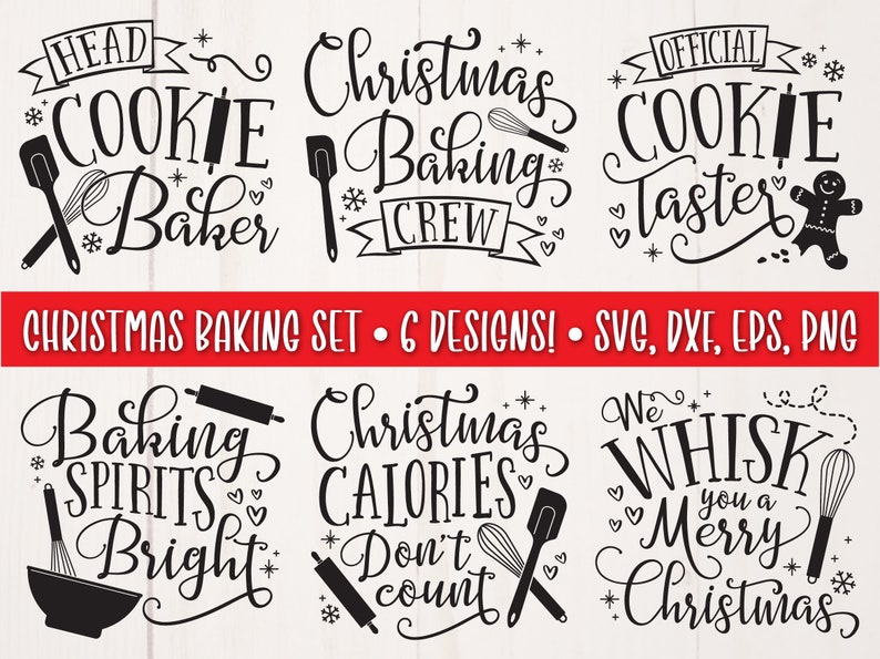 Pu&ograve; includere: Un set di grafiche natalizie in bianco e nero con sei design. I design includono frasi come "Head Cookie Baker" e "Christmas Baking Crew", insieme a strumenti di cottura e elementi festivi. Include file SVG, DXF, EPS e PNG.