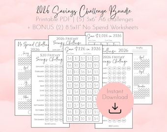 May include: A collection of printable PDF savings challenges for 2026. The bundle includes five 3x6 inch A6 challenges and two 8.5x11 inch no-spend worksheets. The designs are in black and white with a pink background.