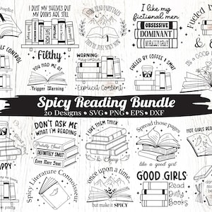 Op de afbeelding: Een zwart-wit digitale kunstbundel met 20 ontwerpen over lezen. De afbeelding bevat tekst zoals "Spicy Reading Bundle", "Explicit Content" en illustraties van boeken, koffie en bergen.