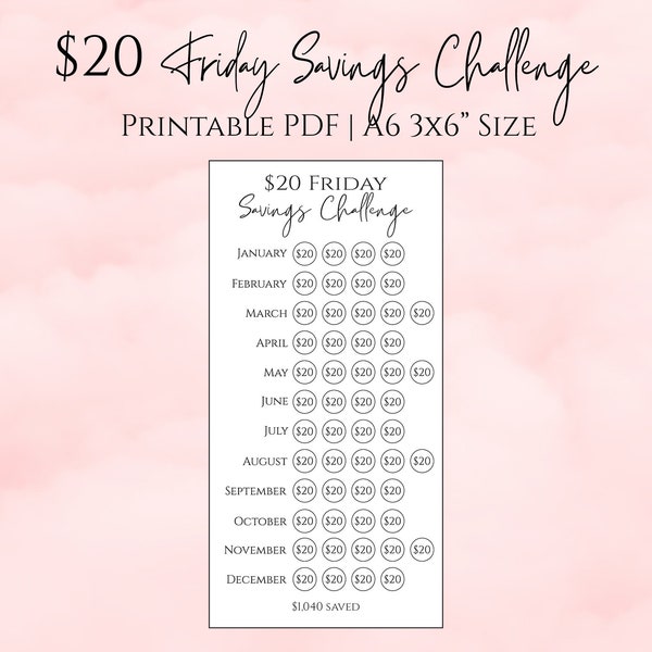 20 Dollar Friday Savings Challenge Printable, Friday Savings 2024, Savings Challenge Printable, Money Challenge, A6 3x6 savings tracker