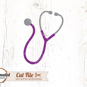 May include: Purple stethoscope with a gray head, isolated on a white wood background.