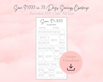 May include: A printable PDF savings challenge chart with the text "Save $5000 in 30 Days Savings Challenge." The chart is white with oval boxes for tracking savings amounts, and a pink circle with a download arrow.
