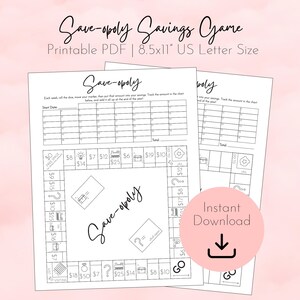Puede incluir: Dos hojas de papel blancas con el texto "Save-opoly Savings Game" y un diseño de tablero de juego. El tablero incluye espacios con cantidades en euros y signos de interrogación. También se ve el texto "Printable PDF | 8.5x11" US Letter Size".
