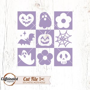 May include: A set of nine purple squares with white Halloween-themed icons. The icons include a ghost, a pumpkin, a bat, a spider web, a skull, a heart, and a flower.