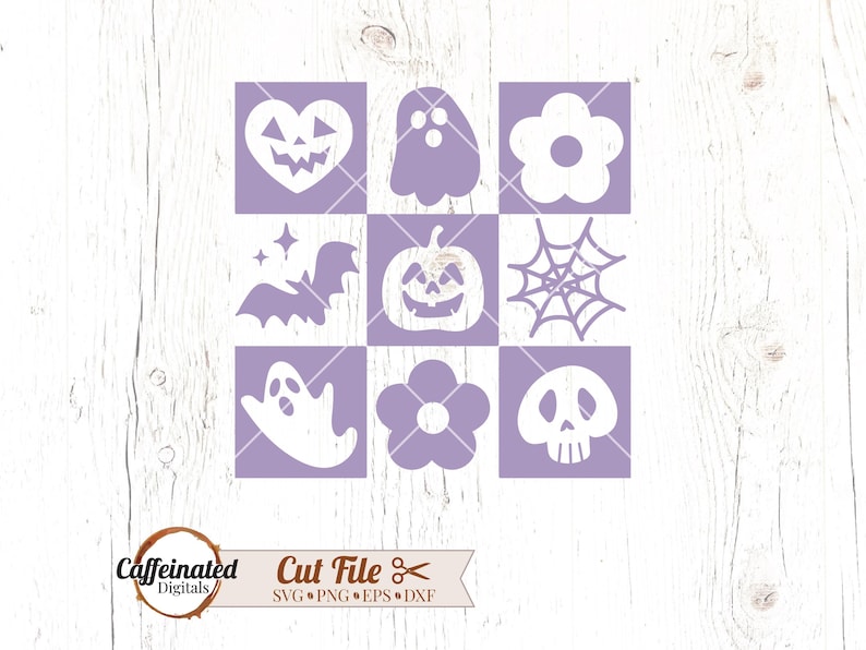 May include: A set of nine purple squares with white Halloween-themed icons. The icons include a ghost, a pumpkin, a bat, a spider web, a skull, a heart, and a flower.