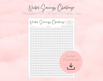May include: A printable PDF titled "Nickel Savings Challenge" in US Letter size. The design features a grid of circles for tracking savings, with the text "Instant Download" and an arrow icon. The background is a soft pink watercolor wash.