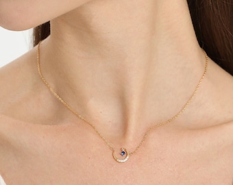 Celestial Sapphire Moon Necklace - Sterling Silver Jewelry for Her - Dainty Lunar Jewelry - Wedding Necklace, Bridesmaid Gift
