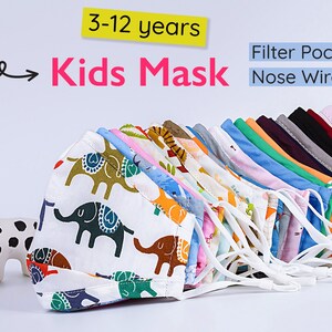 Kids Face Masks. with Nose Wire and Filter Pocket, Adjustable Ear Loops, 3 Layers 100% Cotton.  Fit for 3-12 years old Kids . Reusable