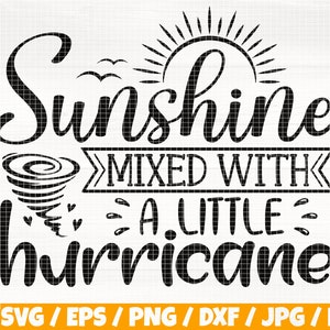 Puede incluir: Diseño gráfico en blanco y negro con el texto "Sunshine mixed with a little hurricane". El diseño presenta un sol, un tornado y corazones.
