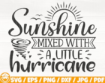 May include: Black and white graphic design with the text "Sunshine mixed with a little hurricane". The design features a sun, a tornado, and hearts.